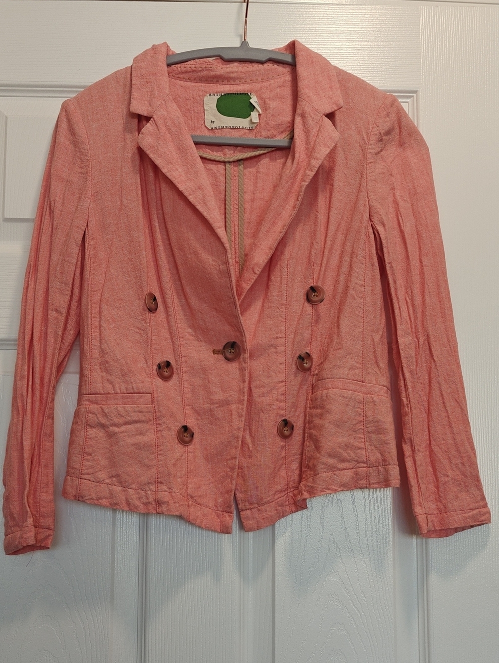 Anthropologie Coral Pink Double-Breasted Blazer